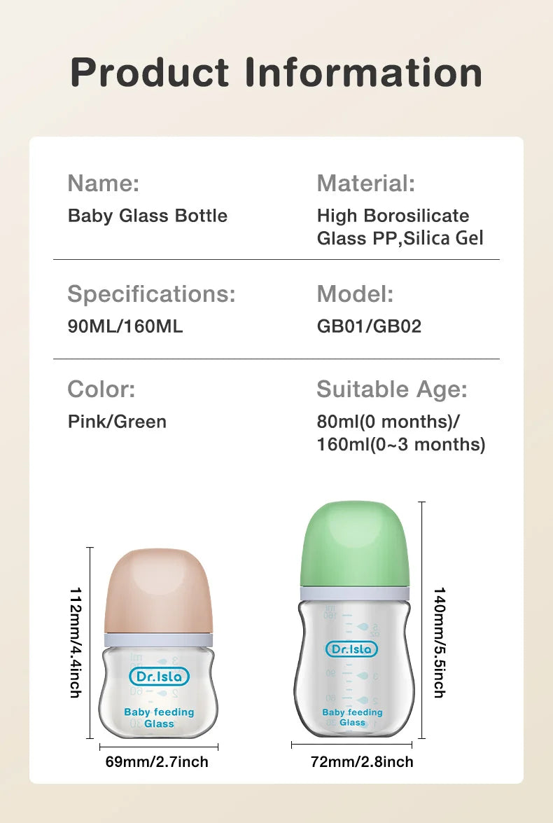 Newborn Glass Bottles 90/160ML Anti-Choke Baby Bottle Anti-flatulence Milk Feeding Bottles Infant BPA Free For 0-6Month