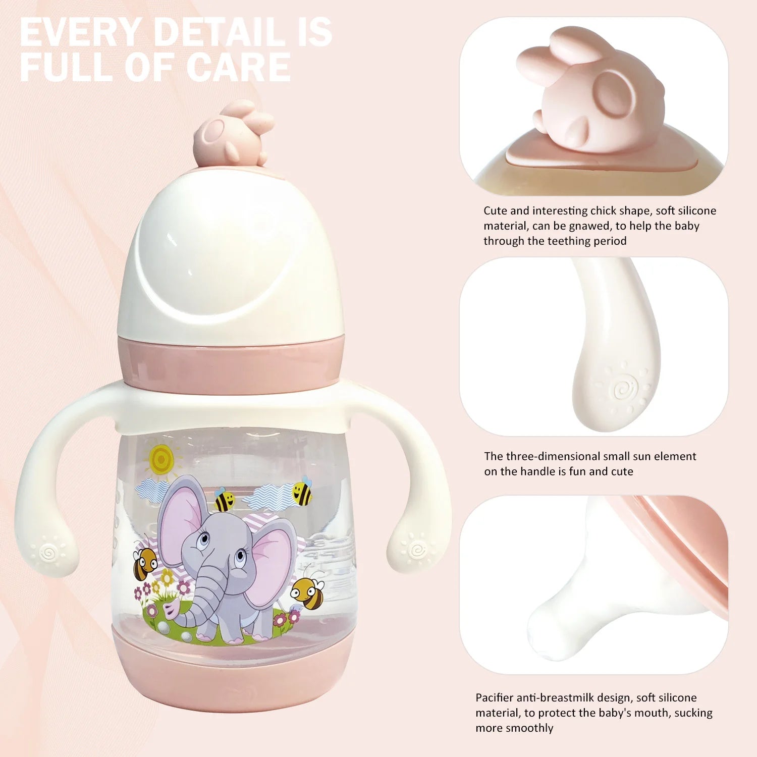 240ml Large Capacity Children's PP Bottle Chicken Shape Early Learning Fun Bottle Silicone Imitation Breastmilk Nipple BPA Free