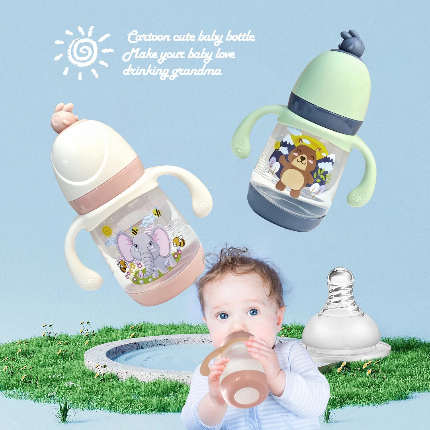 240ml Large Capacity Children's PP Bottle Chicken Shape Early Learning Fun Bottle Silicone Imitation Breastmilk Nipple BPA Free