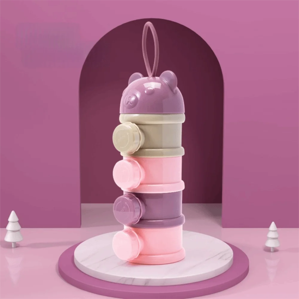 Portable 4 Layer Milk Powder Box Multiple Openings Spill Resistant Infant Baby Food Storag Box Bear Style Toddle Snack Container